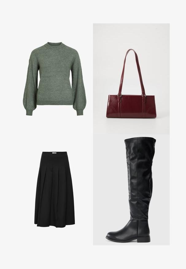 Pull en maille côtelée verte avec un col montant et des manches longues et volumineuses. Présente une finition texturée et des poignets ajustés.; Jupe midi plissée noire en tissu lisse. Elle présente une taille haute et une silhouette fluide avec des plissés soigneusement cousus.; Bottes noires montant jusqu'aux genoux en cuir lisse, avec un bout rond, un petit talon bloc et un tige légèrement fléchie avec des détails de coutures.; Sac à main bordeaux en matériau brillant, de forme rectangulaire, avec deux anses et des accents légèrement courbés à l'avant.