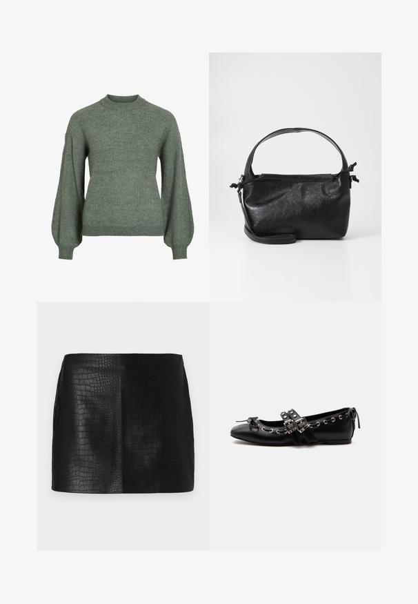 Pull en maille côtelée verte avec un col montant et des manches longues et volumineuses. Présente une finition texturée et des poignets ajustés.; Mini jupe en simili cuir noir avec un motif crocodile texturé, présentant une finition lisse et une coupe ajustée sans accessoires visibles.; Chaussure de ballet plate noire avec doubles brides à boucle, œillets argentés et petit nœud près de l’orteil arrondi sur fond blanc.; Sac à main en cuir noir au design structuré, avec une poignée arrondie et une bandoulière amovible. Présente une texture lisse et un éclat subtil.