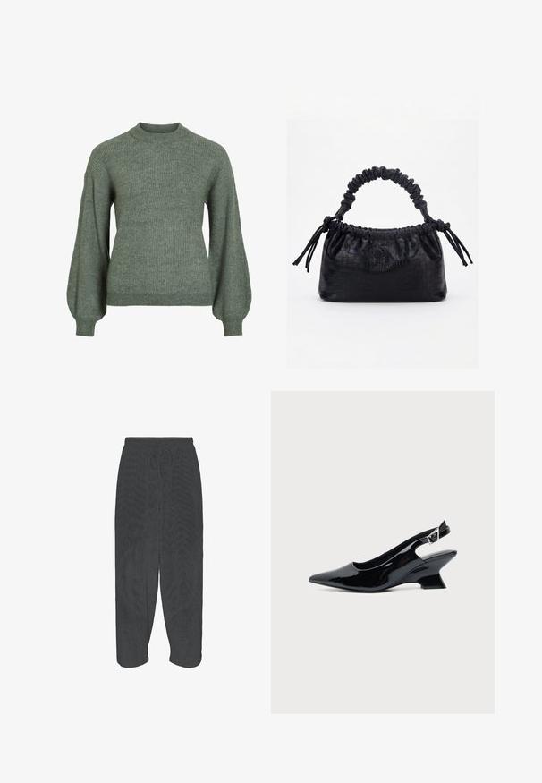 Pull en maille côtelée verte avec un col montant et des manches longues et volumineuses. Présente une finition texturée et des poignets ajustés.; Pantalon noir coupe ample avec ceinture élastique et cordon, présenté à plat sur fond blanc.; Chaussure slingback en cuir verni noir avec bout pointu et petit talon bloc incliné sur fond clair uni.; Sac à main noir avec texture crocodile, bord supérieur froncé, poignée plissée et pompons à cordon de chaque côté sur fond blanc.