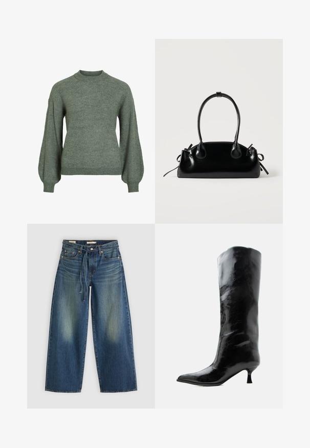 Jersey de punto acanalado verde con cuello alto y mangas largas y voluminosas. Presenta un acabado texturizado y puños ajustados.; Jeans de mezclilla de pierna ancha en azul oscuro con un diseño desgastado, que presentan una cinturilla con cordón y un estilo de cinco bolsillos.; Bota negra de cuero brillante hasta la rodilla con punta puntiaguda y tacón bajo curvado sobre un fondo claro y liso.; Pequeño bolso negro brillante con dos asas largas y detalles de cordón lateral sobre un fondo claro liso.
