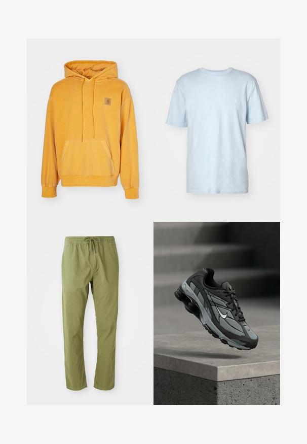 Sudadera amarilla con capucha hecha de un tejido suave, que cuenta con un bolsillo frontal, capucha con cordón y un parche de logo cuadrado en el pecho.; Camiseta de algodón azul claro con cuello redondo, mangas cortas y un pequeño logo blanco bordado en el lado izquierdo del pecho.; Pantalones de corte relajado en verde oliva con cinturilla elástica y cordón. Confeccionados en una tela suave con una textura lisa y perneras rectas.; Zapatilla deportiva gris y negra con paneles de malla y suela gruesa, posicionada en el aire sobre un saliente de hormigón con escaleras de fondo.