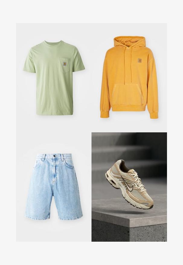 Sudadera amarilla con capucha hecha de un tejido suave, que cuenta con un bolsillo frontal, capucha con cordón y un parche de logo cuadrado en el pecho.; Camiseta de manga corta verde claro fabricada en tejido suave, con un bolsillo en el pecho que presenta un parche de logo cuadrado. Diseño sencillo y sin adornos.; Shorts de mezclilla azul claro con talle alto, que cuentan con dos bolsillos frontales, un cierre de botón y detalles de dobladillo deshilachado. Diseño de ajuste casual.; Zapatilla de running Nike beige y blanca con paneles de malla y el swoosh negro, flotando sobre un borde de hormigón con escaleras desenfocadas al fondo.