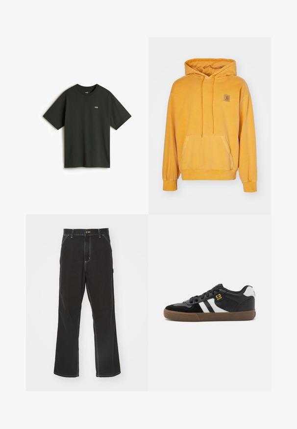 Sudadera amarilla con capucha hecha de un tejido suave, que cuenta con un bolsillo frontal, capucha con cordón y un parche de logo cuadrado en el pecho.; Vans Camiseta básica - dark green; Pantalones de mezclilla negros con corte recto, costuras blancas en contraste, bolsillos frontales y cierre de botón en la cintura.; Zapatillas en blanco y negro con parte superior de ante y cuero, que presentan franjas blancas, cordones negros y una suela de goma marrón. Acentos de logo dorados.