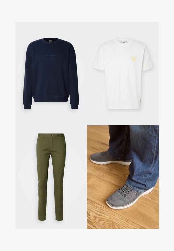Sweatshirt bleu marine avec un col rond, des poignets et un ourlet côtelés. Présente un texte logo discret sur le devant et un tissu doux et texturé.; T-shirt blanc à manches courtes avec col rond, petit motif de fruit jaune et texte "Marc O’Polo Denim" sur le côté gauche de la poitrine.; Chino en vert olive en tissu mélangé coton, avec une coupe droite, une fermeture éclair et des poches avant. Texture lisse avec un minimum de détails.; Des chaussures de sport grises avec une tige en maille, une semelle blanche et des lacets élastiques. Associées à un jean en denim bleu, sur un sol en bois.