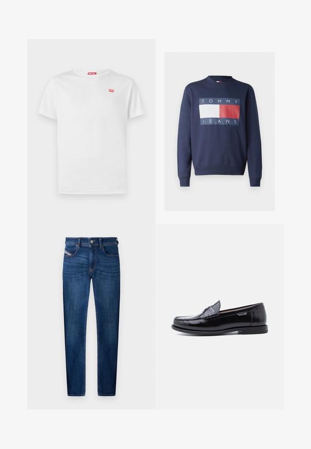 Námornícky modrá mikina s okrúhlym výstrihom, s veľkým obdĺžnikovým logom, na ktorom je text "TOMMY" a "JEANS" v bielej, modrej a červenej farbe.; Biely bavlnený tričko s krátkymi rukávmi a výstrihom do V. Obsahuje malé červené logo Diesel na ľavej hrudi. Hladká textúra, štandardný strih.; Tmavo modré džínsy z denimu so strihom rovného nohavice, dizajnom s piatimi vreckami, viditeľnými prešívacími detailmi a kovovým zapínaním na gombík.; Čierne kožené mokasíny s lesklým povrchom, s prešitým vzorom na špičke a nízkou, textúrovanou čiernou gumovou podrážkou.