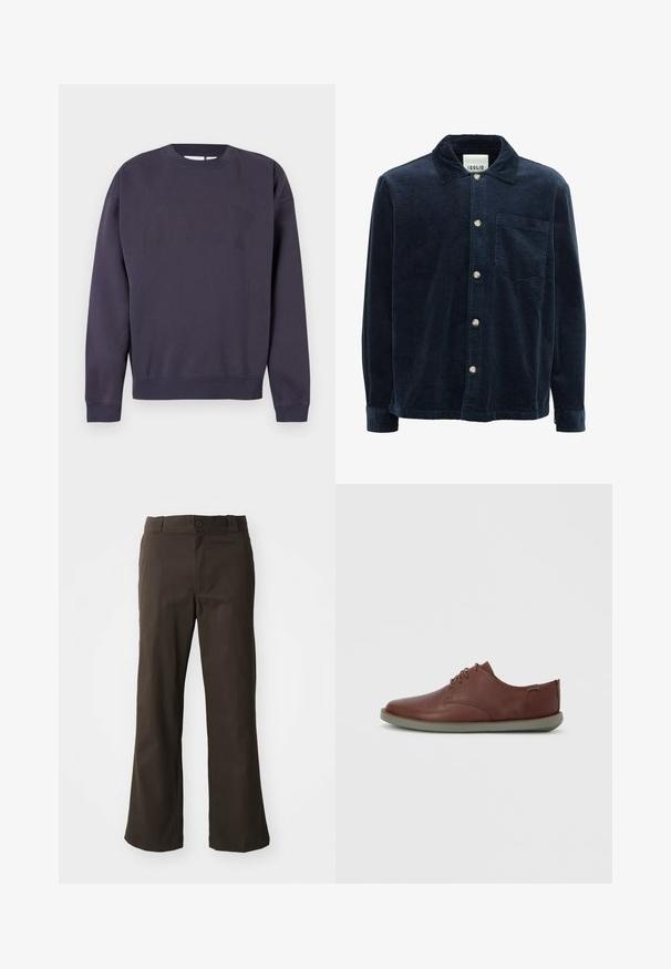 Mørkeblå sweatshirt i bomuldsblanding med rund hals, ribstrikkede ærmer og kant, med en stor "OBEY"-logo i en lidt mørkere nuance.; Solid SDINGVI - Skjorter - insignia blue; Brune, flagrende bukser med en glat tekstur, der har en frontlukning med knap og lommer på siderne. Simpel og lige design.; Brune lædersko med glat finish, rund tå og lavprofil grå gummisål; har et minimalt snørelås design.