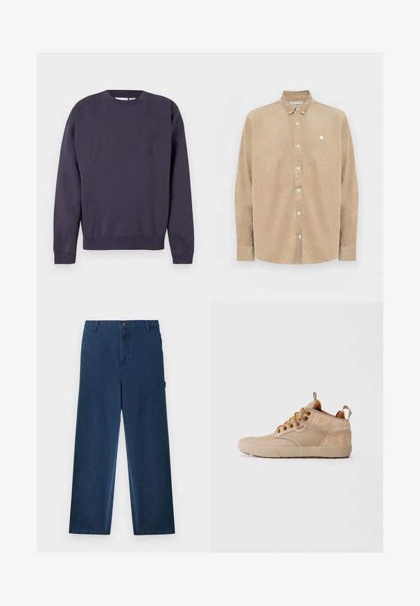 Sweat-shirt bleu marine foncé en mélange de coton, doté d'un col rond, de poignets et d'un bas côtelés, avec un grand logo "OBEY" dans une teinte légèrement plus foncée.; Chemise beige en velours côtelé avec col, boutons blancs et petit logo sur la poitrine gauche. Présente des manches longues et une coupe droite.; Pantalon en velours côtelé bleu marine à jambes droites, avec passants de ceinture, bouton avant, fermeture éclair et poches latérales.; Sneakers mid-top en suède beige et toile avec des lacets marron, des tirants et une semelle en caoutchouc, marquées "Globe" sur le côté.