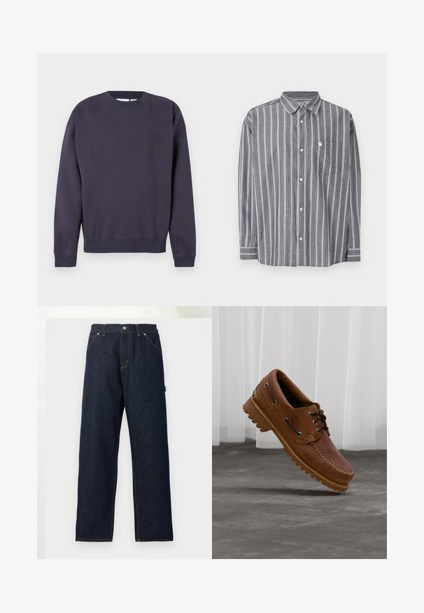Sweat-shirt bleu marine foncé en mélange de coton, doté d'un col rond, de poignets et d'un bas côtelés, avec un grand logo "OBEY" dans une teinte légèrement plus foncée.; Chemise grise à manches longues avec des rayures blanches verticales, boutonnée à l'avant, poche poitrine et col classique, étalée à plat sur fond blanc.; Jean en denim bleu foncé à jambes droites avec poches avant, passants pour ceinture et fermeture par bouton à la taille sur un fond uni.; Chaussure de bateau en cuir marron avec des lacets noirs, des coutures beiges et une semelle robuste, suspendue au-dessus d'un sol en béton gris.