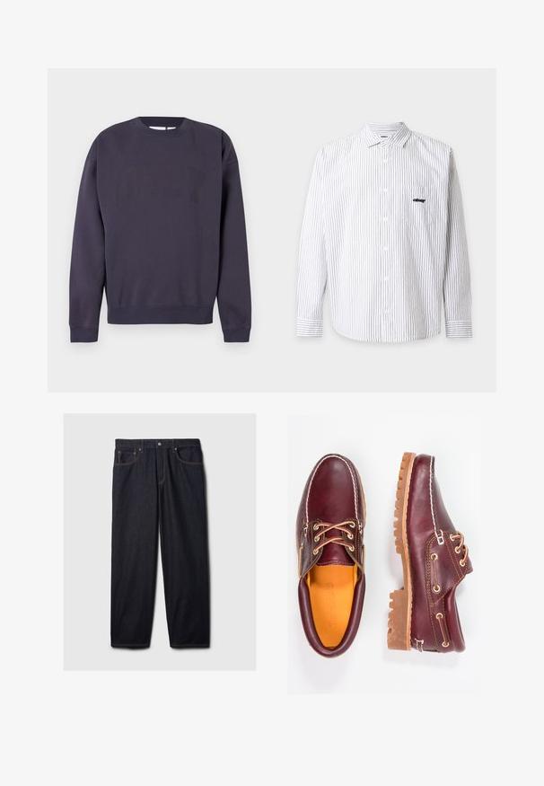 Sweat-shirt bleu marine foncé en mélange de coton, doté d'un col rond, de poignets et d'un bas côtelés, avec un grand logo "OBEY" dans une teinte légèrement plus foncée.; Chemise blanche à manches longues boutonnée, avec fines rayures verticales grises, col, poche poitrine et petit logo noir "obey" sur la poche.; Jeans en denim noir avec une coupe droite, dotés d'une fermeture à bouton et à zip, de deux poches avant et de coutures orange contrastantes.; Chaussures en cuir bourgogne avec semelles en caoutchouc marron, bout rond, couture blanche et œillets dorés. L'intérieur présente une doublure jaune.