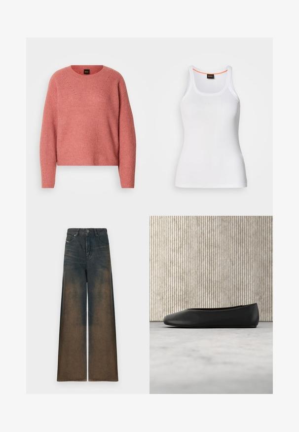 Roze gebreide trui met een ronde halslijn, lange mouwen en een geribbelde structuur. Heeft een zigzagpatroon op de borst en subtiele details.; Wit geribd tanktop met een ronde hals, voorzien van een smal bandjesontwerp en een oranje accent langs de binnenkant van de halslijn. Merkembleem zichtbaar.; Wijd been jeans in donkerdenim, met een gradient vervaging van donker naar lichtbruin, voorzien van een klassiek vijf-pocket ontwerp en metalen knoopsluiting.; Zwarte leren balletflat met een afgeronde neus, een gladde textuur en een gouden logoaccent aan de zijkant. Geplaatst boven een reflecterend oppervlak.