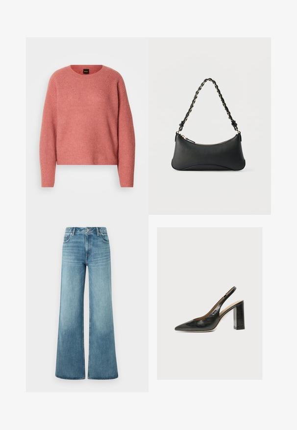 Pull en tricot rose avec un col rond, des manches longues et une texture côtelée. Présente un motif en chevrons sur la poitrine et des détails subtils.; Jean large en denim bleu clair, à taille haute, avec un design à cinq poches et un léger dégradé sur les jambes.; Chaussure slingback femme en cuir noir avec bout pointu et talon bloc épais et haut sur fond blanc.; Sac à bandoulière en cuir noir de forme rectangulaire incurvée, avec une chaîne dorée tissée dans la bandoulière noire tressée et une fermeture éclair sur le dessus.