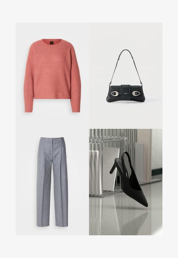 Pull en tricot rose avec un col rond, des manches longues et une texture côtelée. Présente un motif en chevrons sur la poitrine et des détails subtils.; Pantalons larges gris clair en tissu texturé, avec des plis à l'avant et une taille cintrée. Design minimaliste, sans matériel visible.; Chaussure à talon haut à bout pointu et bride arrière suspendue en l'air au-dessus d'un sol brillant avec des classeurs empilés en arrière-plan.; Sac bandoulière en cuir noir avec deux boucles en argent et une bandoulière ajustable, arborant le logo "HUGO" au centre devant.