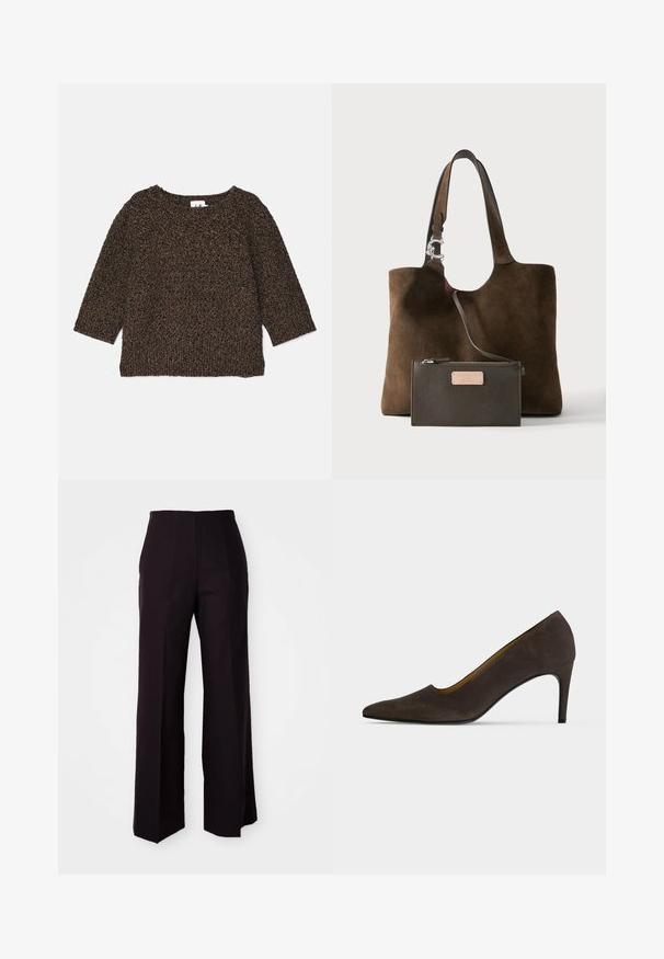 Brauner, strukturierter Strickpullover mit Dreiviertelärmeln, weitem Ausschnitt und geripptem Saum. Weiches Material mit einem behaglichen Aussehen.; Schwarze weite Hose mit hoher Taille, aus einem glatten Material und dezenten Vorderfalten, maßgeschneidert für eine strukturierte Passform.; Dunkelbrauner High Heel mit spitzer Kappe, glatter Oberfläche und schmalem Absatz auf einfarbig hellem Hintergrund.; Braune Wildleder-Shopper-Tasche mit verstellbarem Riemen und angebrachtem dunklem Leder-Reißverschluss-Etui mit Metallmarkenlabel vorne.