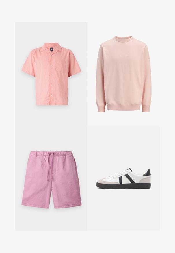 Sweat-shirt rose clair à manches longues et col rond avec un petit texte blanc en écriture cursive centré sur la poitrine, poignets et ceinture côtelés.; Chemise rose à manches courtes en tissu léger, avec un devant à boutons, un col et une poche poitrine. Design et texture simples.; Shorts rose clair en matériau doux, avec une taille élastique et un cordon de serrage, ainsi que des poches latérales. Jambes droites, sans motifs.; Baskets blanches avec des accents noirs et gris, présentant un embout texturé gris, une semelle en caoutchouc noir et des lacets plats blancs. Design épuré, style minimaliste.