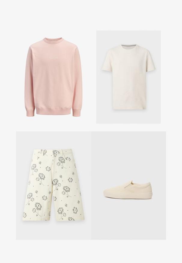 Sweat-shirt rose clair à manches longues et col rond avec un petit texte blanc en écriture cursive centré sur la poitrine, poignets et ceinture côtelés.; T-shirt en coton texturé blanc cassé à manches courtes, col rond et logo subtil sur la poitrine gauche, présenté sur fond gris.; Shorts crème longueur genou avec imprimé floral noir, poches avant, passants de ceinture et fermeture à glissière.; Bottines beige à enfiler en toile avec une semelle en caoutchouc. Présentent des accents élastiques sur les côtés et une texture lisse. Design simple et arrondi.
