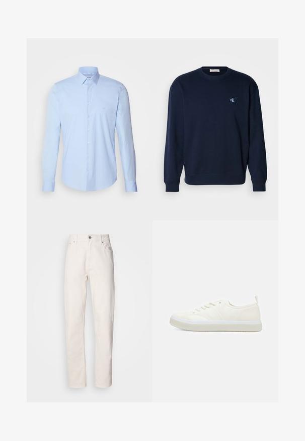 Navyblauer Sweatshirt aus Baumwollmischung mit gerippten Bündchen und Saum. Mit kleinem hellblauen Logo auf der Brust. Klassisches Rundhalsausschnitt-Design.; Hellblaues Button-up-Hemd aus Baumwolle, mit klassischem Kragen, langen Ärmeln und kleinem Logo auf der Brust. Glatte Textur.; Weiße Denim-Jeans mit geradem Bein, Knopf- und Reißverschluss, Gürtelschlaufen sowie Vorder- und Hintertaschen, auf einfarbigem Hintergrund gezeigt.; Calvin Klein TOP LACE UP UNIFIT - Sneaker low - salt bay