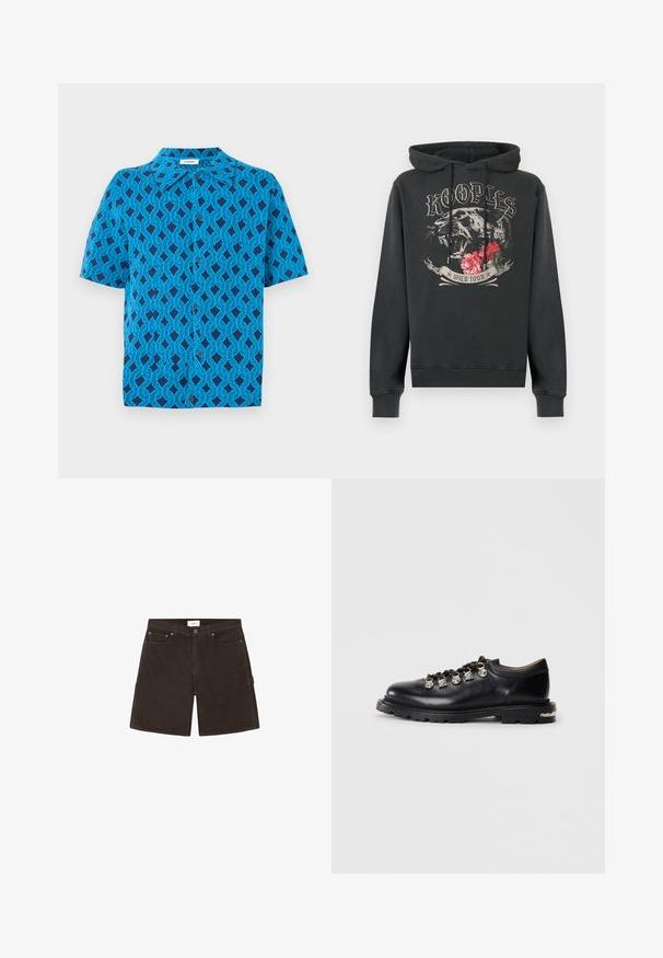 Zwarte hoodie met knallende panter, rode bloemen en de tekst "Kooples" en "Wild Tour" aan de voorkant.; Korte mouw shirt van blauwe stof met een geometrisch patroon van met elkaar verweven lijnen, met een kraag en een knoopsluiting aan de voorkant.; Zwarte denimshorts met een knoop en rits aan de voorkant, voorzakken, riemlussen en een zijlus op een effen witte achtergrond.; Zwarte leren lage schoen met dikke zool, metalen oogjes, decoratieve zilveren charmes aan de veters en een gestructureerde loopzool.