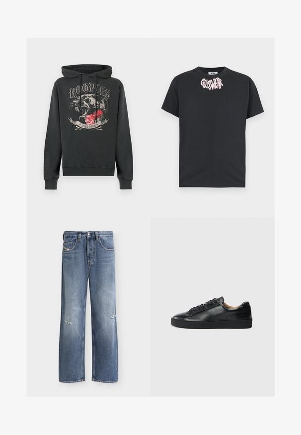Sweat-shirt à capuche noir avec panthère rugissante, fleurs rouges et texte "Kooples" et "Wild Tour" à l'avant.; T-shirt noir à manches courtes avec col rond, imprimé près de l'encolure à l'avant du texte rose déformé "GCDS WEAR".; Jean bleu droit avec légère usure aux deux jambes, poches avant, passants de ceinture et fermeture par bouton.; Baskets en cuir noir avec une texture lisse, bout rond et fermeture à lacets. Comprend une semelle en caoutchouc épaisse et un minimum de détails de marque.
