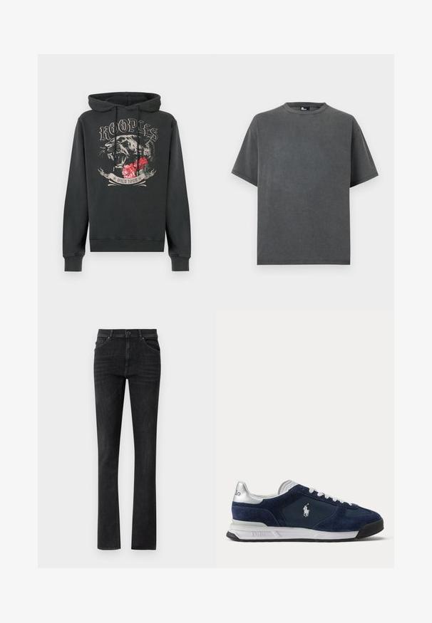 Schwarzer Kapuzenpullover mit brüllendem Panther, roten Blumen und dem Text "Kooples" und "Wild Tour" auf der Vorderseite.; Dunkelgraues T-Shirt mit Rundhalsausschnitt und kurzen Ärmeln, locker geschnitten, auf weißem Hintergrund dargestellt.; Schwarze Denim-Jeans mit geradem Bein, ausgestattet mit Fronttaschen und Knopfverschluss. Glatte Textur mit dezentem Verblassen.; Herren Polo Sneaker in Marineblau und Weiß mit Velours- und Mesh-Einsätzen, weißen Schnürsenkeln und Polo-Logo an der Seite und Ferse.