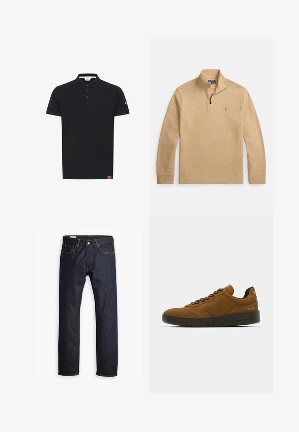 Suéter beige con cierre de cuarto de cremallera, mangas largas, pequeño logo bordado en el pecho izquierdo y cuello, puños y dobladillo acanalados.; Camisa polo negra de color sólido, con un cuello clásico, tapeta de tres botones marrones y un parche texturizado con el logo en la manga.; Jeans de mezclilla azul oscuro con un diseño de pierna recta, costuras naranjas y estilo de cinco bolsillos con cierre de botón metálico.; Zapatilla de ante marrón con un perfil bajo, que presenta cordones marrones oscuros, un logo lateral y una suela de goma texturizada. Con acentos de perforaciones sutiles.