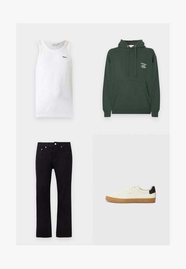 Sweat à capuche en coton vert foncé avec une poche avant kangourou, une capuche à cordon de serrage réglable et une broderie blanche "ORIGINALS" sur la poitrine.; Débardeur blanc côtelé sans manches avec encolure arrondie et petit logo noir brodé sur la poitrine gauche.; Jeans noirs droits avec boutons avant, fermeture éclair, passants pour ceinture et style cinq poches sur un fond clair uni.; Sneaker en toile blanche avec une semelle en gomme, accent au talon noir, bout rond et design à lacets. Présente le logo de la marque en doré sur le côté.
