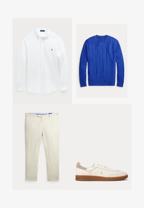 Blauwe kabelgebreide trui met ronde hals, geribde boorden en zoom, met een klein Polo Ralph Lauren-logo op de linkerborst.; Witte langetermijn shirt van katoen, met een button-down kraag en een klein blauw polo logo op de borst. Soepele textuur, klassieke pasvorm.; Beige rechtse herenbroek met riemlussen en voorzakken, plat gelegd op een witte achtergrond.; Witte leren lage sneaker met bruine rubberen zool, beige suède hielstuk en klein gouden Polo logo aan de zijkant.