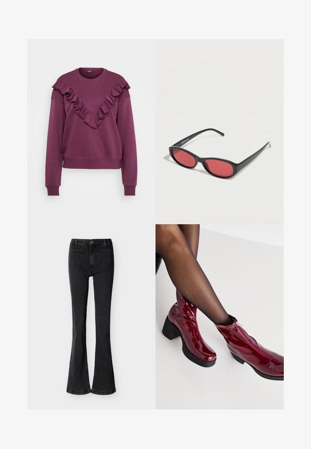 Lilla langærmet sweatshirt med en V-formet flæsedetalje over brystet og skuldrene, ribbede manchetter og kant.; Sorte jeans med høj talje og vidde forneden, med forlommer, bæltestropper, knaplukning og synlige sømme på en ensfarvet lys baggrund.; Røde ankelstøvler i patenteret læder med en kraftig sort hæl og lynlåsdetalje. Glat tekstur, elegant design med en rund tå.; Sorte ovale solbriller med tynde arme og rødtonede linser, der ligger på en hvid overflade.