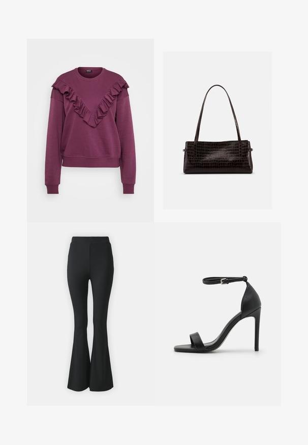 Lila Langarm-Sweatshirt mit einem V-förmigen Rüschendetail über der Brust und den Schultern, gerippten Bündchen und Saum.; Schwarze ausgestellte Hosen aus elastischem Stoff. Sie haben einen hohen Bund und ein glattes, eng anliegendes Design, das ab dem Knie nach unten ausgestellt ist.; Schwarze hochhackige Sandale mit elegantem Design, featuring einem Knöchelriemen, offener Zehenpartie und glattem Lederfinish.; Rechteckige dunkelbraune Handtasche mit geprägt krokodilähnlicher Struktur und zwei dünnen Schulterriemen vor einfarbigem Hintergrund.