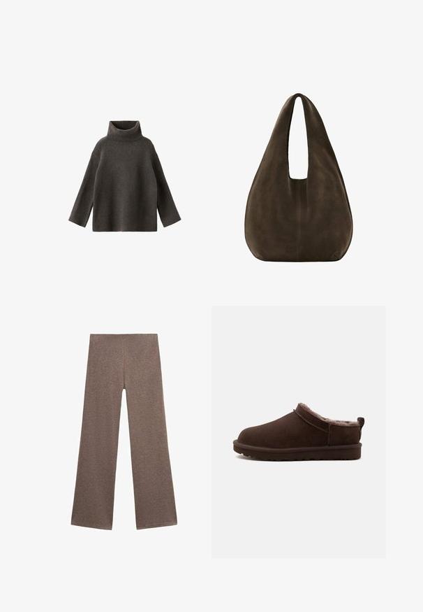 Pull col roulé gris foncé à manches longues avec poignets et ourlet côtelés.; Pantalons larges marron en tissu doux et texturé. Le design présente une taille haute et une coupe ample, idéale pour un look décontracté.; Chausson marron à enfiler avec doublure en peluche douce et semelle en caoutchouc plate, conçu pour le confort et la chaleur à l'intérieur.; Sac hobo en daim marron foncé doux avec une large bandoulière unique et un fond arrondi sur fond blanc.