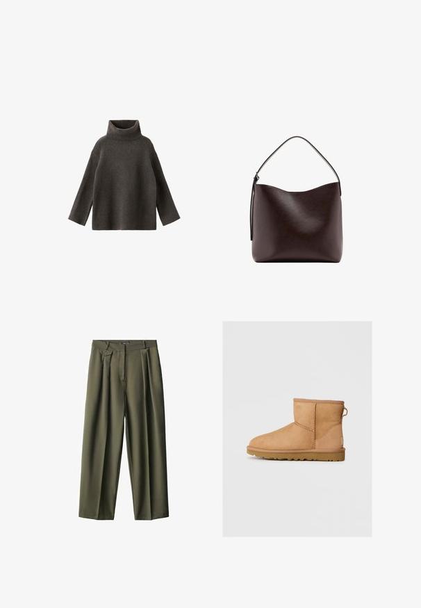 Pull col roulé gris foncé à manches longues avec poignets et ourlet côtelés.; Pantalons larges vert olive en tissu lisse, dotés de plis avant, d'une fermeture à un bouton et de deux poches latérales.; Bottines en suède beige avec bout rond, détails cousus, tirant à l'arrière et semelle en caoutchouc texturé. Conçues pour le confort et la chaleur.; Sac à main en cuir brun foncé avec une seule poignée supérieure incurvée et une surface lisse et dépourvue d'ornements sur fond blanc.