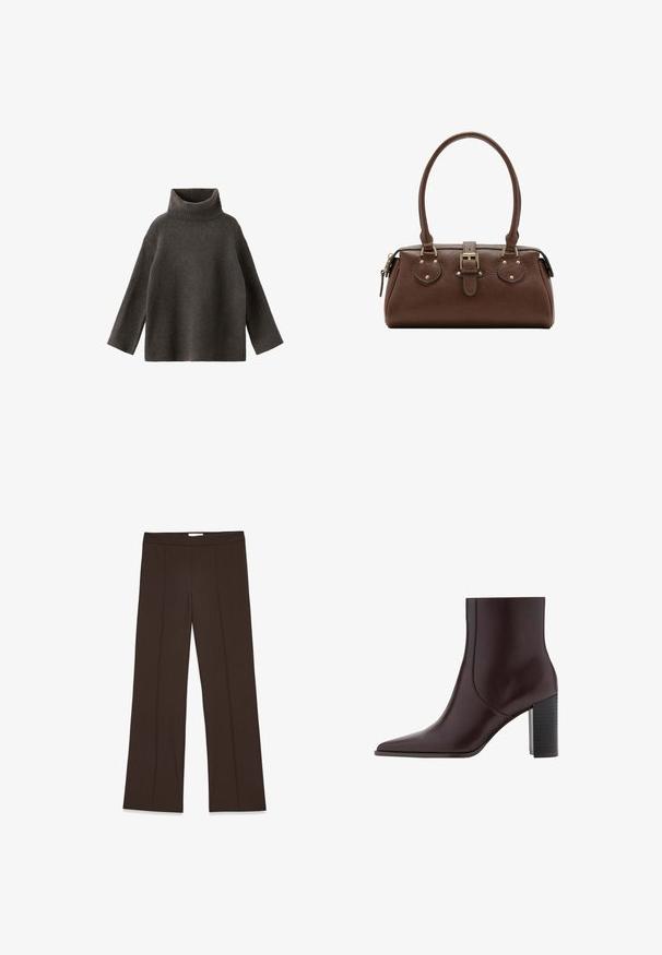 Jersey de cuello alto gris oscuro con mangas largas y puños y dobladillo acanalados.; Pantalones marrones de pierna ancha confeccionados en una tela suave; presentan pliegues frontales y una cinturilla estándar. Diseño minimalista sin cierre visible.; Bota de tobillo de cuero marrón oscuro con punta puntiaguda y tacón de bloque grueso sobre un fondo blanco.; Bolso de mano de cuero marrón con dos asas, una correa central con hebilla y herrajes en tono dorado, mostrado sobre un fondo blanco.