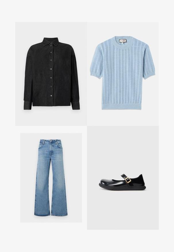 Lyseblå strikket kortærmet sweater med ribbet tekstur, rund halsudskæring og syet detaljering langs kroppen.; CLOSED CAPE SHIRT - Skjortebluser - mid grey; Lyseblå højttaljede vidde-ben cowboybukser med forreste knap og lommer, vist fladt på en hvid baggrund.; Sort patentlæder Mary Jane sko med rund tå, en enkelt rem med en guldbuckle og en struktureret sort gummisål.