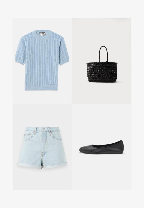 Lyseblå strikket kortærmet sweater med ribbet tekstur, rund halsudskæring og syet detaljering langs kroppen.; Lyseblå denim shorts med høj talje, opadvendte manchetter, kobbernitter og en frontlynlås. Har klassisk fem-lomme stil.; Sort læderballetsko med rund tå, glat tekstur, minimal syning og et fleksibelt såldesign.; Sort vævet lædertaske med to afrundede håndtag, stående oprejst på en ensfarvet hvid baggrund.