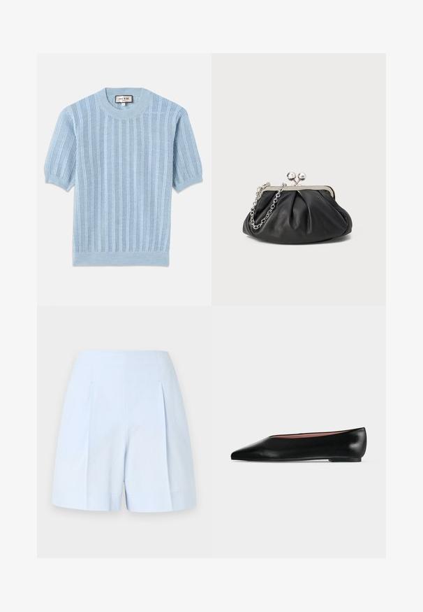 Pull en maille bleu clair à manches courtes avec une texture côtelée, un col rond et des détails cousus le long du corps.; Shorts en tissu texturé bleu clair avec taille haute, plis devant et larges ourlets sur un fond uni.; Chaussure plate en cuir noir pour femme, avec bout pointu et petit talon, vue de côté sur un fond gris clair uni.; Porte-monnaie en cuir noir avec texture froncée, cadre en métal argenté, fermeture à verrouillage kiss-lock et bandoulière en chaîne. Surface lisse et douce.