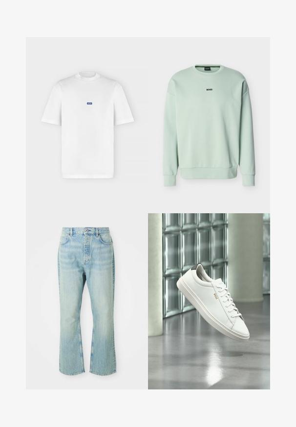 Sweat-shirt vert clair à col ras du cou avec manches longues et logo "BOSS" centré sur la poitrine.; T-shirt blanc à manches courtes et col rond avec un petit logo rectangulaire bleu "HUGO" centré sur la poitrine.; Jeans évasés en denim bleu clair avec une taille haute, dotés de cinq poches, de passants de ceinture et d'une texture délavée.; Baskets basses en cuir blanc avec lacets, languette de talon noire et logo « BOSS », flottant à l'intérieur près d'un mur en blocs de verre et d'un sol poli.