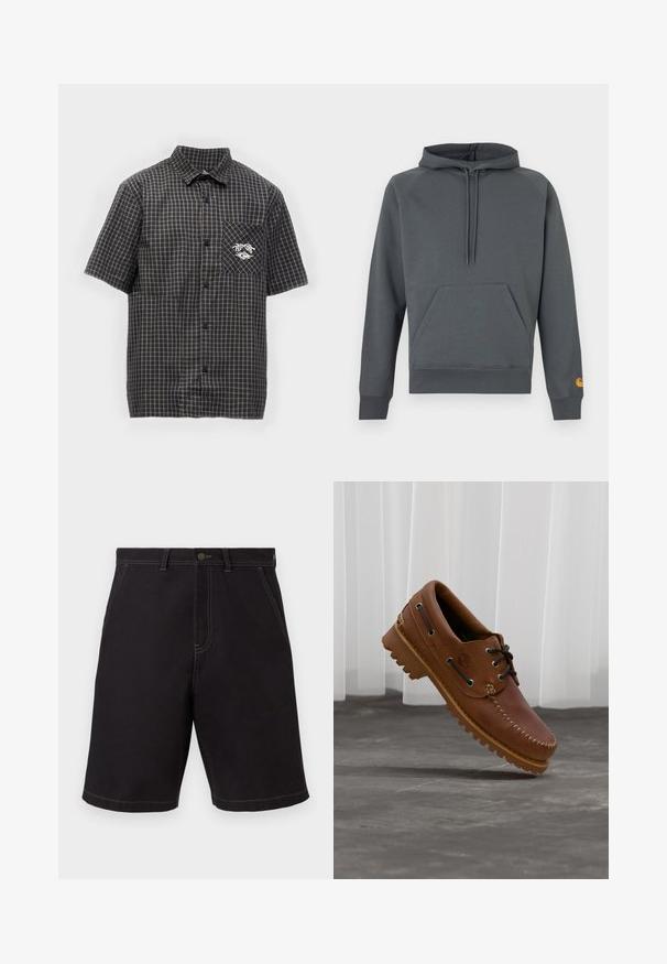 Sweat à capuche gris foncé avec poche kangourou avant et cordons, poignets et ourlet côtelés, petit logo orange sur le poignet de la manche gauche.; Chemise à manches courtes avec boutons, motif à carreaux noir et gris et petit logo sur la poche poitrine gauche.; Shorts noirs longueur genou avec poches avant, passants de ceinture et coutures blanches visibles sur un fond clair.; Chaussure de bateau en cuir marron avec des lacets noirs, des coutures beiges et une semelle robuste, suspendue au-dessus d'un sol en béton gris.