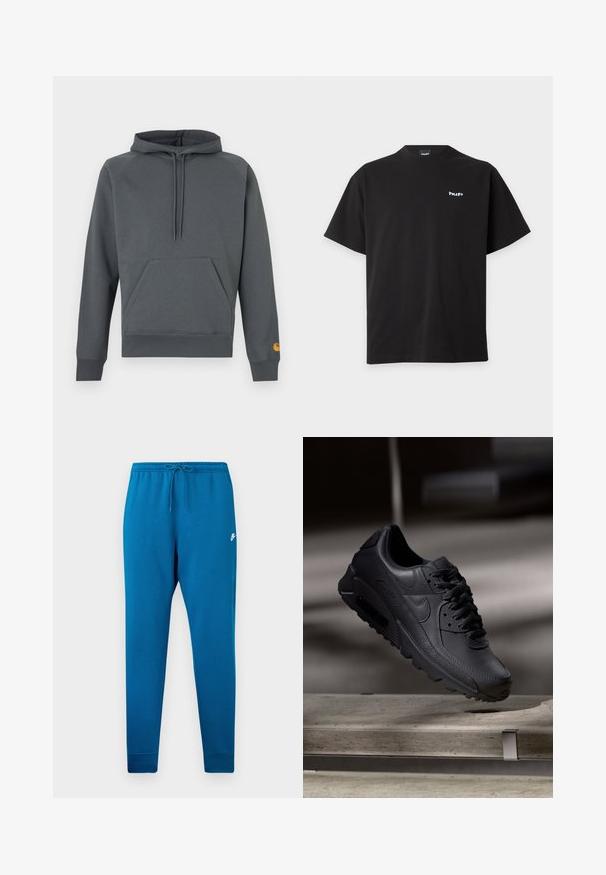 Mørkegrå hættetrøje med front-kanguru lomme og snore, ribstrikkede manchetter og kant, lille orange logo på venstre ærmemanchet.; Sort T-shirt med korte ærmer og rund halsudskæring med lille hvidt "huf"-logo på venstre bryst, vist på ensfarvet lys baggrund.; Blå sweatpants med elastisk talje og justerbar snor. Har et hvidt logo på låret og tapered manchetter ved anklerne.; Sorte Nike Air Max-sneakers med en struktureret læderoverdel, gummisål og fremtrædende snøresystem, der viser et slankt, moderne design.