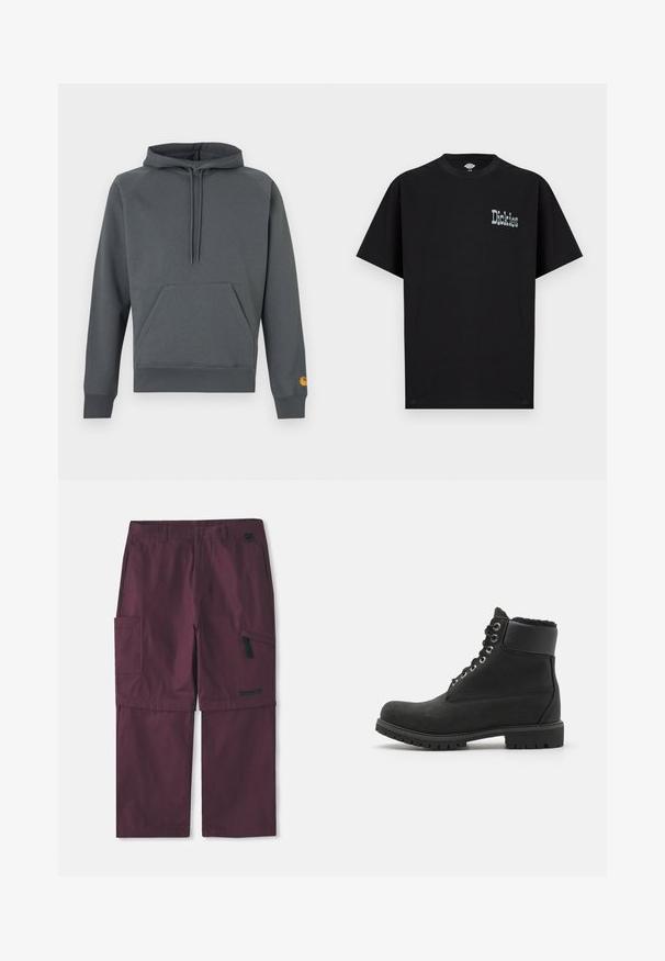 Mørkegrå hættetrøje med front-kanguru lomme og snore, ribstrikkede manchetter og kant, lille orange logo på venstre ærmemanchet.; Sort kortærmet T-shirt lavet af bomuld med et frontgrafisk logo "Dickies" i en kontrasterende lys farve. Standard rund hals design.; Bordeaux cargo konvertible bukser med sidelomme med lynlås og Timberland-logo på højre ben, forlænget skridtlængde vist.; Sort ankelstøvle lavet af suede med en gummisål, der har metaløjer, snørebånd og en blød faux fur-krave rundt om toppen.
