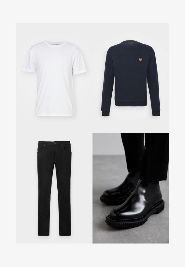 Marineblaue Sweatshirt mit geripptem Halsausschnitt, Bündchen und Saum. Mit einem kleinen goldenen Logo-Patch auf der linken Brustseite. Klassische Passform.; Weißes Baumwoll-T-Shirt mit Rundhalsausschnitt, kurzen Ärmeln und geradem Schnitt. Keine Muster oder Verzierungen, glatte Textur und schlichtes Design.; Schwarze Hose mit geradem Bein, Frontknopf und Reißverschluss, Gürtelschlaufen und Fünf-Taschen-Design vor weißem Hintergrund.; Schwarze Leder-Chelsea-Boots mit glatter Oberfläche, elastischen Seiteneinsätzen und einer dicken, strukturierten Gummisohle mit einem robusten Profil.