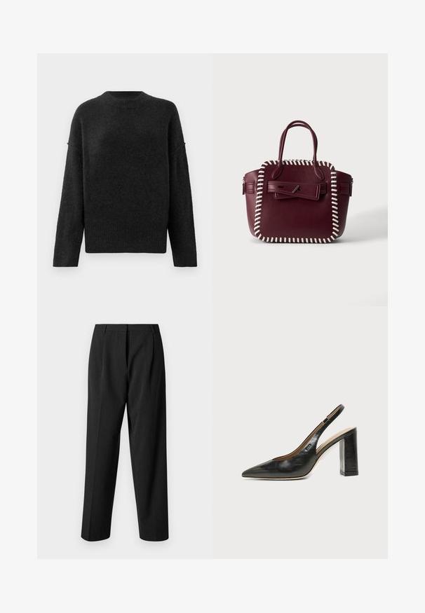 Pull noir à coupe décontractée, fabriqué en matière douce et texturée. Il se caractérise par un col rond et des manches longues avec des poignets et un ourlet côtelés.; Pantalons noirs ajustés à coupe droite, avec un tissu texturé, des plis sur le devant et une ceinture lisse.; Chaussure slingback en cuir noir à bout pointu avec un talon bloc haut et une doublure intérieure beige sur un fond clair uni.; Sac à main en cuir bordeaux avec bordure blanche cousue, doubles poignées et rabat avant sécurisé par une fermeture à épingle argentée.