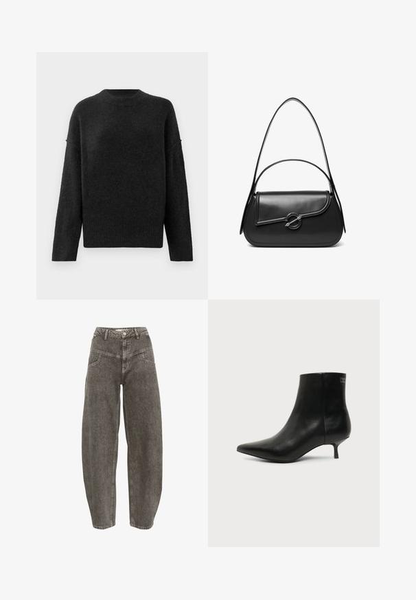 Zwarte, losse trui gemaakt van zacht, gestructureerd materiaal. Heeft een ronde halslijn en lange mouwen met ribgebreide manchetten en zoom.; Gestuz JOSIE BARREL - Wide leg - greige denim wash; Zwart leren enkellaars met puntige neus en lage kittenhak op lichte achtergrond, zijaanzicht buitenkant.; Zwarte leren schoudertas met een gebogen klep die is bevestigd met een ronde metalen sluiting en een smalle, verstelbare band.