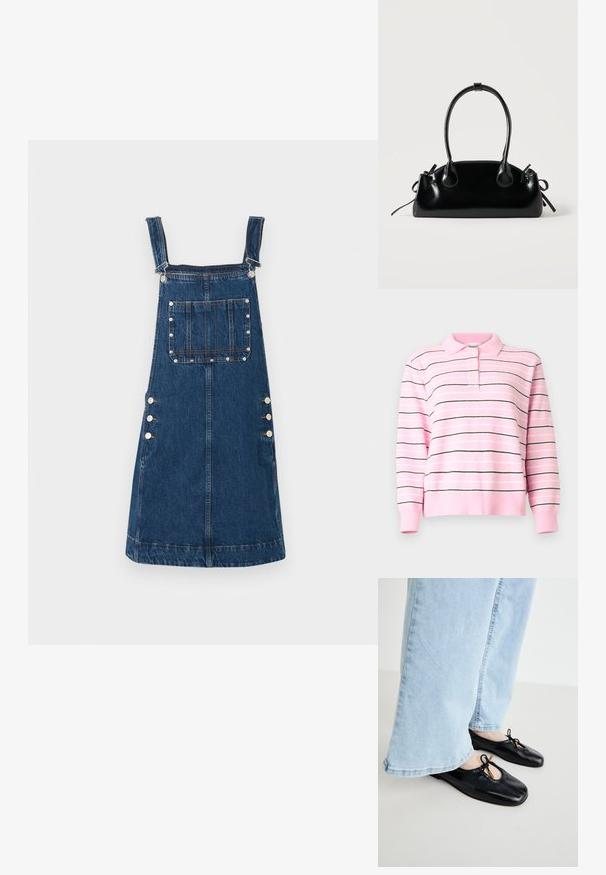 Roze polotrui met lange mouwen, zwart-witte horizontale strepen en drie knopen bij de kraag.; Denim jurk met bretels in donkerblauw, met verstelbare banden, een voorzak en zijknopen voor het vastmaken. Glad materiaal en casual ontwerp.; Zwarte leren ballerina's met een ronde neus, voorzien van een uitsnede en strikdetail, gedragen met lichtblauwe wijdgesneden jeans.; Kleine zwarte glanzende handtas met twee lange hengsels en zijkant trekkoord details op een effen lichte achtergrond.
