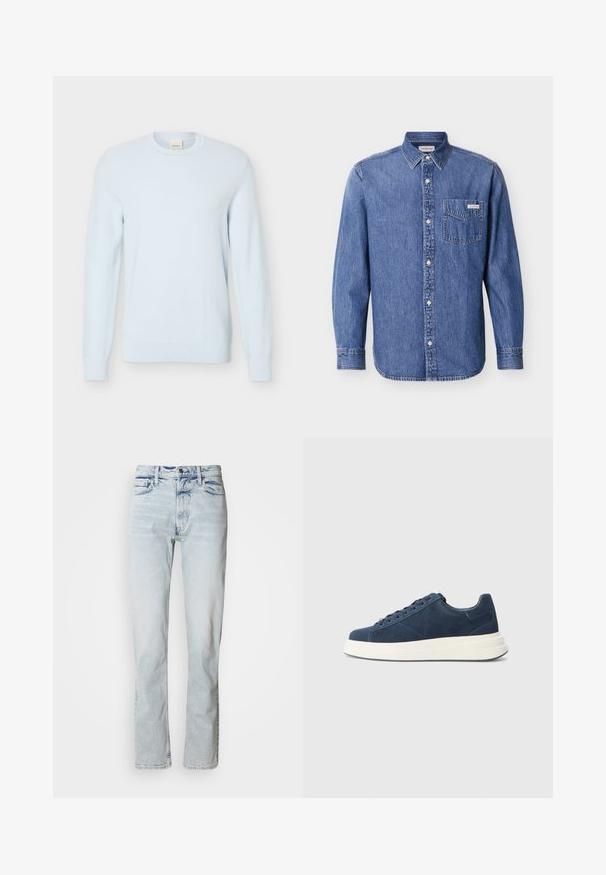 Pull en maille bleu clair à manches longues avec encolure ronde et motif texturé, présenté sur un fond blanc uni.; Chemise en denim bleu moyen avec manches longues, devant à boutons et une poche poitrine unique ornée d'un écusson logo. Col classique.; Jean en denim bleu clair à coupe droite, texture usée, design à cinq poches et une fermeture classique par bouton à la taille.; Baskets en daim bleu marine avec une semelle en caoutchouc blanche, comportant six œillets, une doublure texturée et un design minimaliste avec de subtils détails de couture.