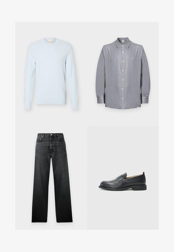 Pull en maille bleu clair à manches longues avec encolure ronde et motif texturé, présenté sur un fond blanc uni.; Chemise à manches longues pour homme avec fines rayures grises et blanches, col pointu, et petit logo blanc brodé sur la poitrine.; Jeans en denim noir avec une coupe droite, dotés de cinq poches et d'une fermeture à bouton. Le tissu a un léger éclat et une texture visible.; Mocassins en cuir noir avec une finition lisse, une semelle plate et un bout arrondi, ornés d'une sangle décorative sur le dessus.