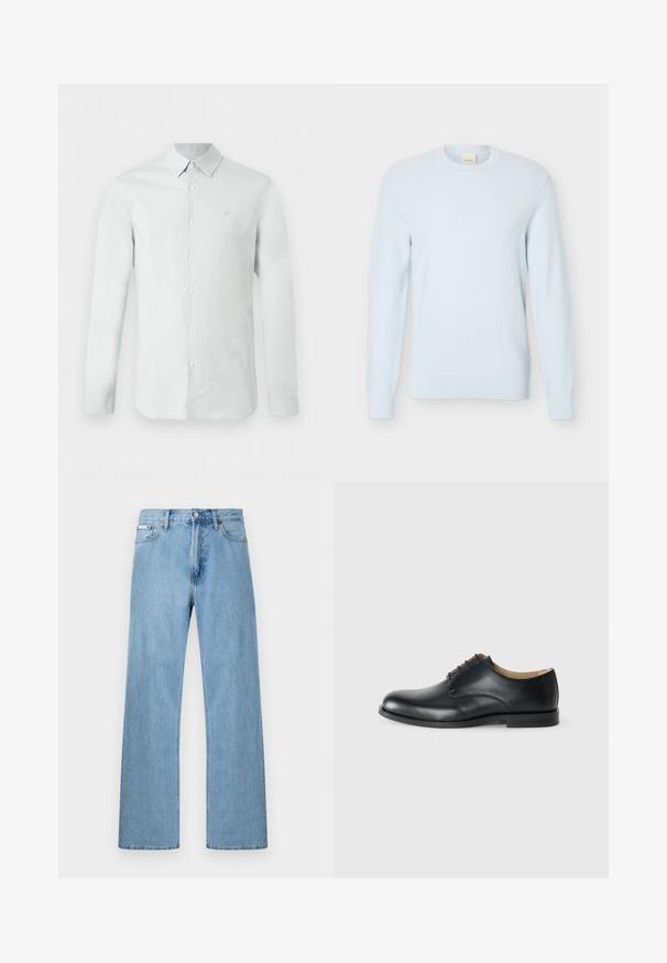 Pull en maille bleu clair à manches longues avec encolure ronde et motif texturé, présenté sur un fond blanc uni.; Chemise habillée homme à manches longues bleu clair, avec fermeture boutonnée sur le devant et col, affichant un logo subtil de la marque sur la poitrine gauche.; Jean en denim bleu clair coupe droite à cinq poches avec fermeture à boutons à la taille, présenté sur un fond uni.; Calvin Klein ESS DERBY - Derbies - triple black