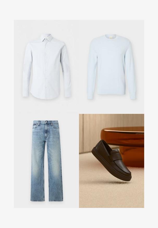 Pull en maille bleu clair à manches longues avec encolure ronde et motif texturé, présenté sur un fond blanc uni.; Chemise homme bleu clair à manches longues boutonnée avec col pointu et motif texturé subtil sur fond blanc.; Jean droit en denim bleu clair avec taille haute, cinq poches, fermeture à boutons et léger délavage sur les cuisses et les genoux.; Une chaussure mocassin en cuir marron foncé flottant au-dessus d'un tapis crème avec une table ronde orange en arrière-plan.