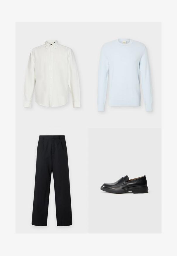 Pull en maille bleu clair à manches longues avec encolure ronde et motif texturé, présenté sur un fond blanc uni.; Chemise blanche à manches longues avec fines rayures verticales et col pointu, affichée à plat sur fond blanc.; Pantalon noir taille haute à jambes larges avec passants pour ceinture, plis devant et fermeture frontale cachée, présenté sur un fond uni.; Chaussure habillée noire en cuir, à enfiler, avec un petit talon et un logo Calvin Klein discret sur le côté, présentée de profil sur un fond blanc.