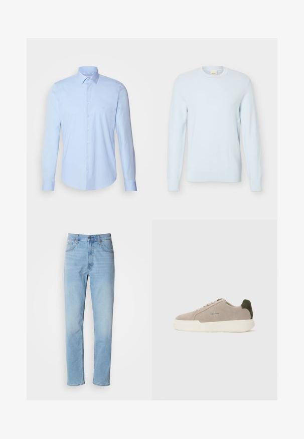 Pull en maille bleu clair à manches longues avec encolure ronde et motif texturé, présenté sur un fond blanc uni.; Chemise boutonnée bleu clair en coton, avec un col classique, des manches longues et un petit logo sur la poitrine. Texture lisse.; Jean en denim bleu clair avec une coupe droite, cinq poches et passants de ceinture. Le tissu présente une texture lisse avec un léger effet dégradé.; Baskets en suède beige avec une semelle en caoutchouc blanche, présentant un accent de talon vert foncé et une branding subtile sur le côté.