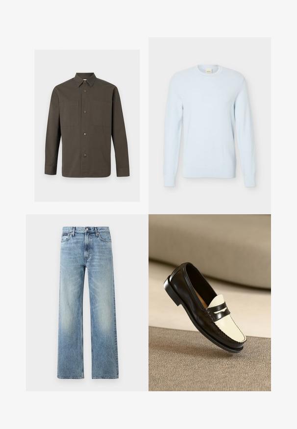 Pull en maille bleu clair à manches longues avec encolure ronde et motif texturé, présenté sur un fond blanc uni.; Chemise boutonnée à manches longues vert olive foncé avec col pointu et deux poches poitrine sur fond gris clair.; Jean droit en denim bleu clair avec taille haute, cinq poches, fermeture à boutons et léger délavage sur les cuisses et les genoux.; Mocassin en cuir noir avec un empeigne crème et des rayures noires, présentant un petit talon et des coutures détaillées le long des bords.