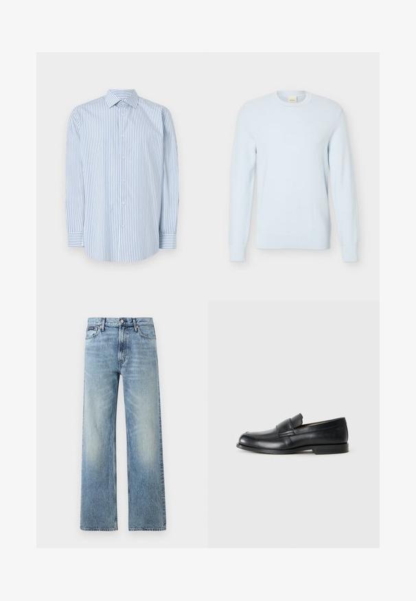 Lichtblauwe gebreide trui met lange mouwen, een ronde hals en een gestructureerd patroon, weergegeven tegen een effen witte achtergrond.; Blauwe en witte gestreepte blouse met lange mouwen, gemaakt van katoen, met een klassieke kraag, knoopsluiting aan de voorkant en manchetten.; Lichtblauwe denim jeans met rechte pijpen, een hoge taille, vijf zakken, knoopsluiting en subtiele vervaging op de dijen en knieën.; Zwarte leren instappers met een ronde neus, gestikte details en een vlakke rubberen zool. Heeft een brede band over de wreef.